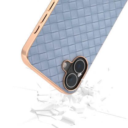 For iPhone 16 Plus Electroplated Frame Woven Texture PU Phone Case(Light Blue) - iPhone 16 Plus Cases by buy2fix | Online Shopping UK | buy2fix