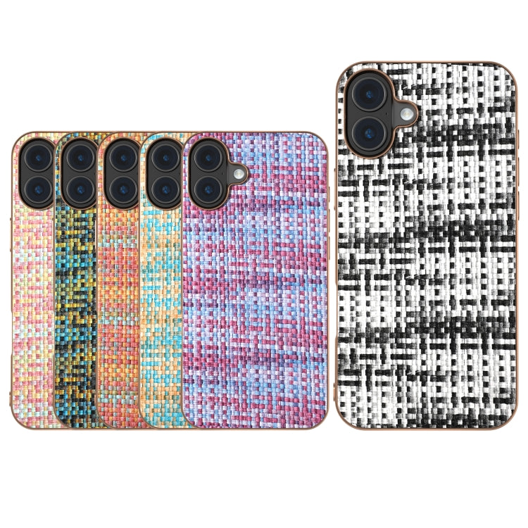 For iPhone 16 Plus Electroplated Frame Color Lattice Texture PU Phone Case(Black) - iPhone 16 Plus Cases by buy2fix | Online Shopping UK | buy2fix