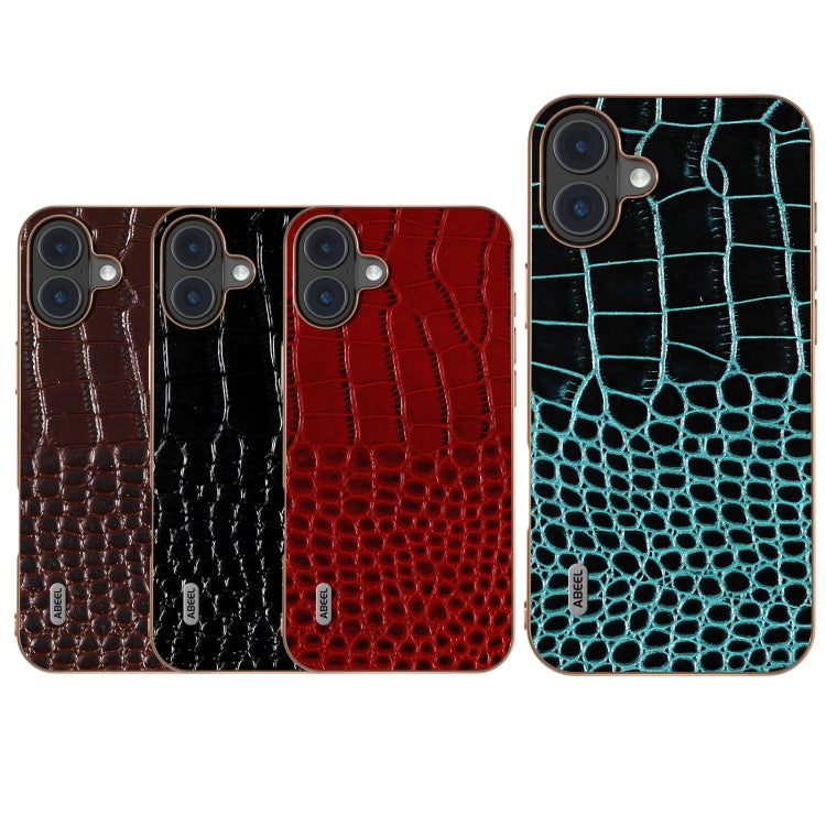 For iPhone 16 ABEEL Electroplated Frame Genuine Leather Crocodile Pattern Phone Case(Red) - iPhone 16 Cases by buy2fix | Online Shopping UK | buy2fix