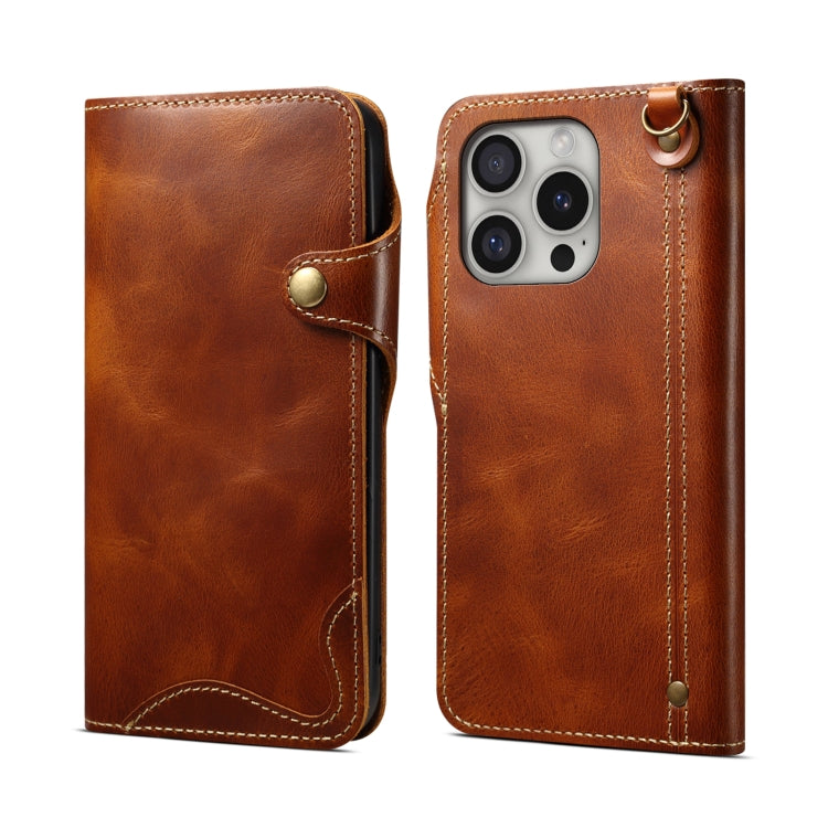 For iPhone 16 Pro Max Denior B01 Oil Wax Cowhide Magnetic Button Genuine Leather Case(Brown) - iPhone 16 Pro Max Cases by Denior | Online Shopping UK | buy2fix