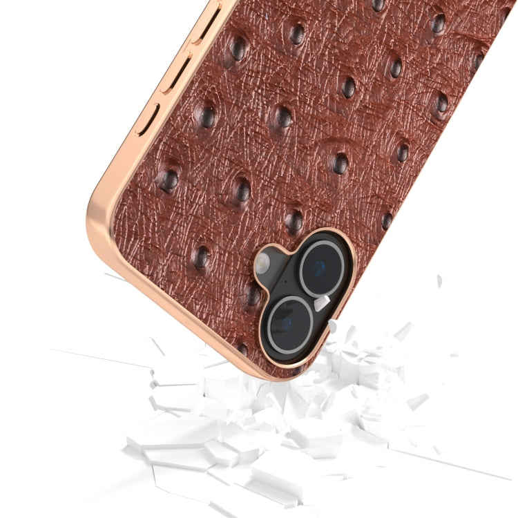 For iPhone 16 Plus ABEEL Electroplating Frame Genuine Leather Ostrich Texture Phone Case(Coffee) - iPhone 16 Plus Cases by buy2fix | Online Shopping UK | buy2fix