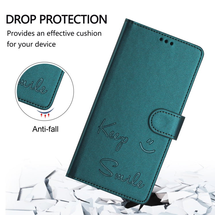 For iPhone 16 Pro Smile Embossing RFID Leather Phone Case(Peacock Green) - iPhone 16 Pro Cases by buy2fix | Online Shopping UK | buy2fix