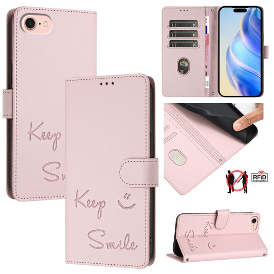 For iPhone SE 2024 Smile Embossing RFID Leather Phone Case(Pink) - More iPhone Cases by buy2fix | Online Shopping UK | buy2fix