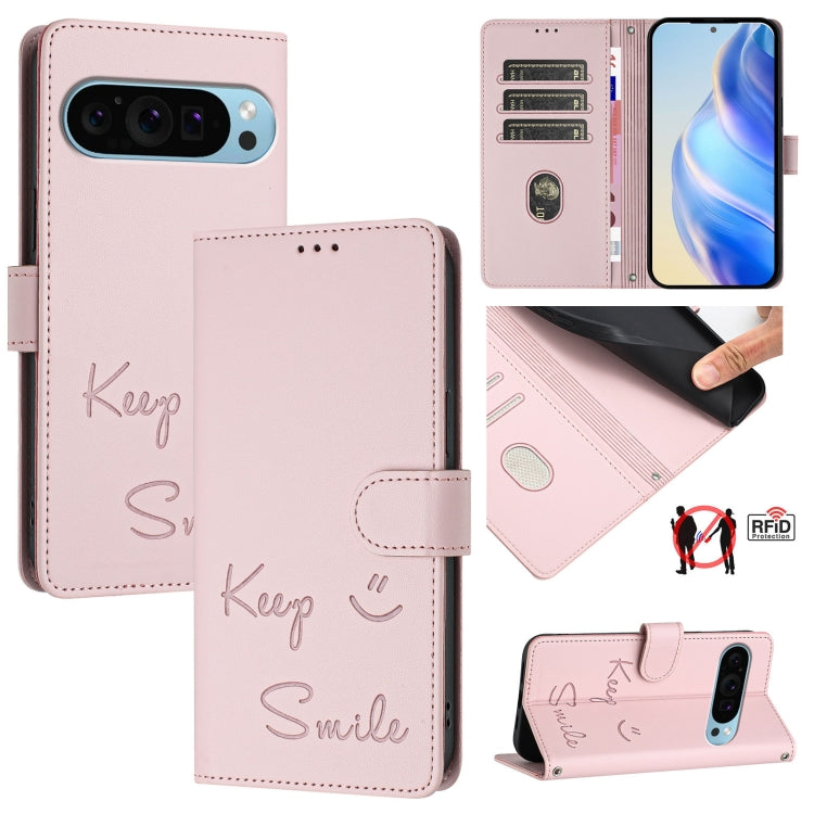 For Google Pixel 9 / Pixel 9 Pro Smile Embossing RFID Leather Phone Case(Pink) - Google Cases by buy2fix | Online Shopping UK | buy2fix