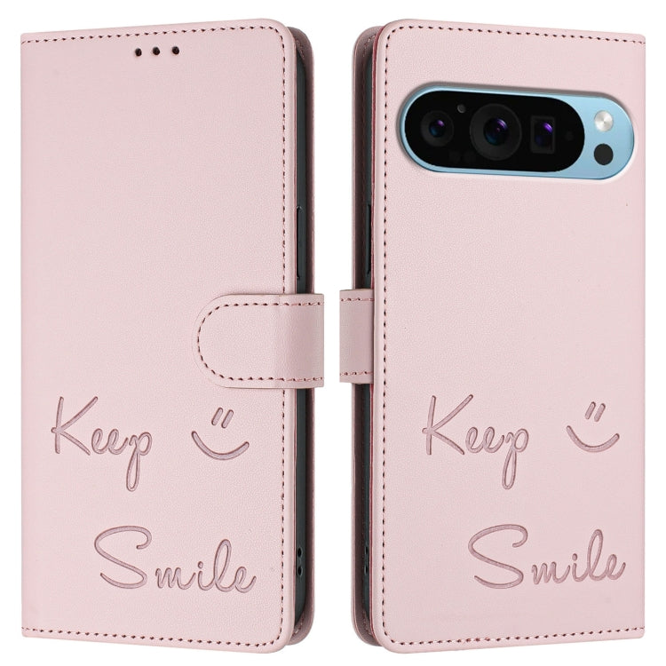 For Google Pixel 9 / Pixel 9 Pro Smile Embossing RFID Leather Phone Case(Pink) - Google Cases by buy2fix | Online Shopping UK | buy2fix