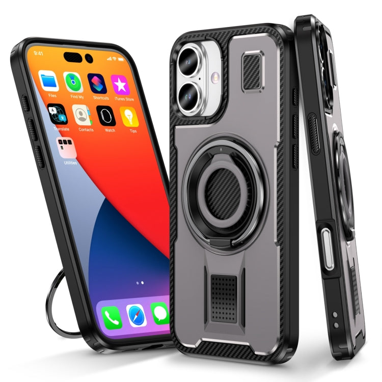 For iPhone 16 Ring Holder Carbon Fiber PC Hybrid TPU Phone Case(Grey) - iPhone 16 Cases by buy2fix | Online Shopping UK | buy2fix