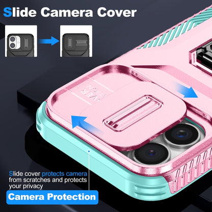 For iPhone 16 Sliding Camshield Holder Phone Case(Pink + Grey Green) - iPhone 16 Cases by buy2fix | Online Shopping UK | buy2fix