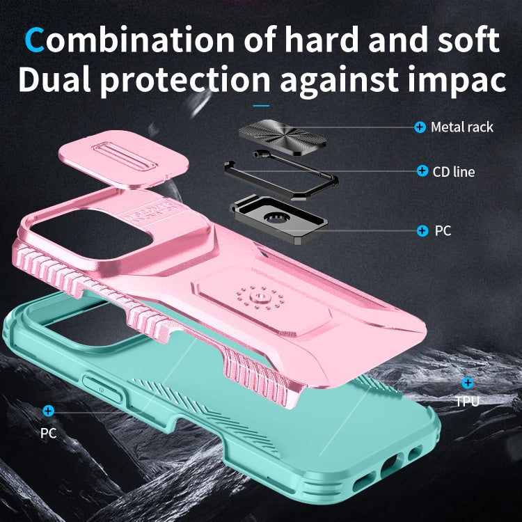 For iPhone 16 Pro Sliding Camshield Holder Phone Case(Pink + Grey Green) - iPhone 16 Pro Cases by buy2fix | Online Shopping UK | buy2fix