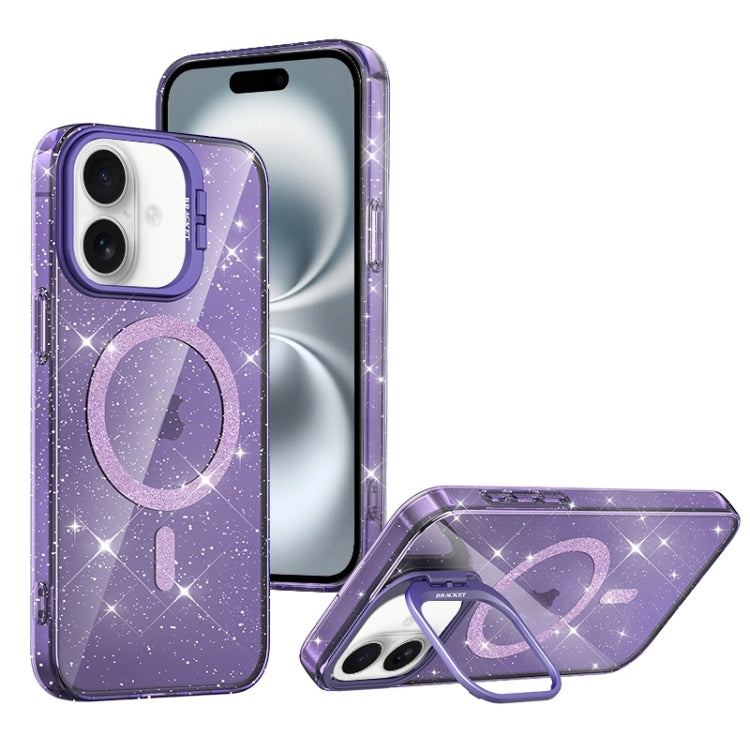 For iPhone 16 Shiny Shield MagSafe Lens Holder Phone Case(Purple) - iPhone 16 Cases by buy2fix | Online Shopping UK | buy2fix