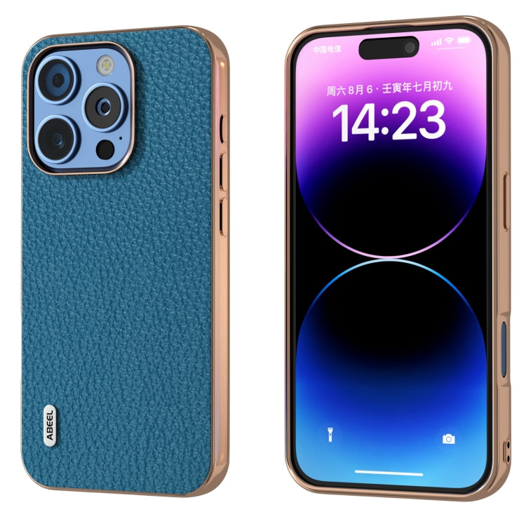 For iPhone 16 Pro ABEEL Electroplating Frame Genuine Leather Litchi Texture Phone Case(Blue) - iPhone 16 Pro Cases by buy2fix | Online Shopping UK | buy2fix