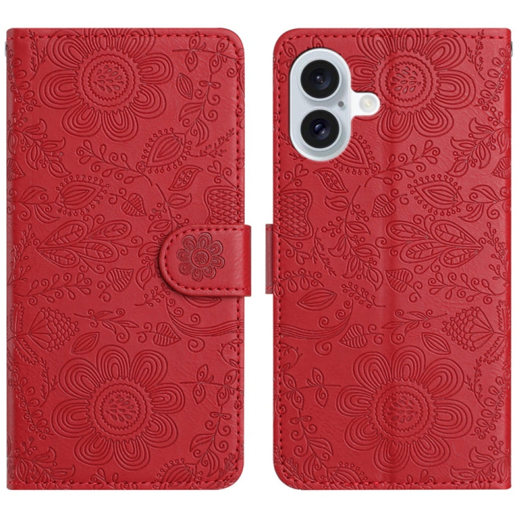 For iPhone 16 Floral Embossed Pattern Leather Phone Case(Red) - iPhone 16 Cases by buy2fix | Online Shopping UK | buy2fix