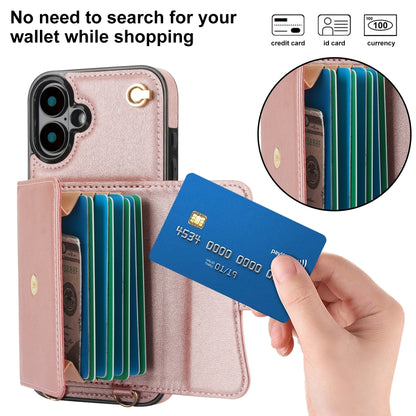 For iPhone 16 RFID Card Slot Phone Case with Long Lanyard(Rose Gold) - iPhone 16 Cases by buy2fix | Online Shopping UK | buy2fix