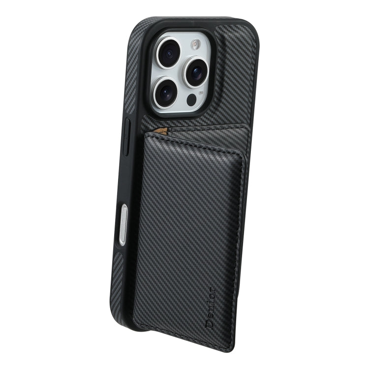 For iPhone 16 Pro Denior Carbon Fiber Texture Leather Card Bag MagSafe Phone Case(Black) - iPhone 16 Pro Cases by Denior | Online Shopping UK | buy2fix