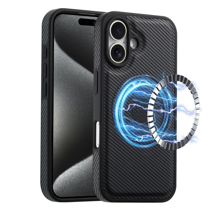 For iPhone 16 Plus Denior Carbon Fiber Texture Leather MagSafe Phone Case(Black) - iPhone 16 Plus Cases by Denior | Online Shopping UK | buy2fix