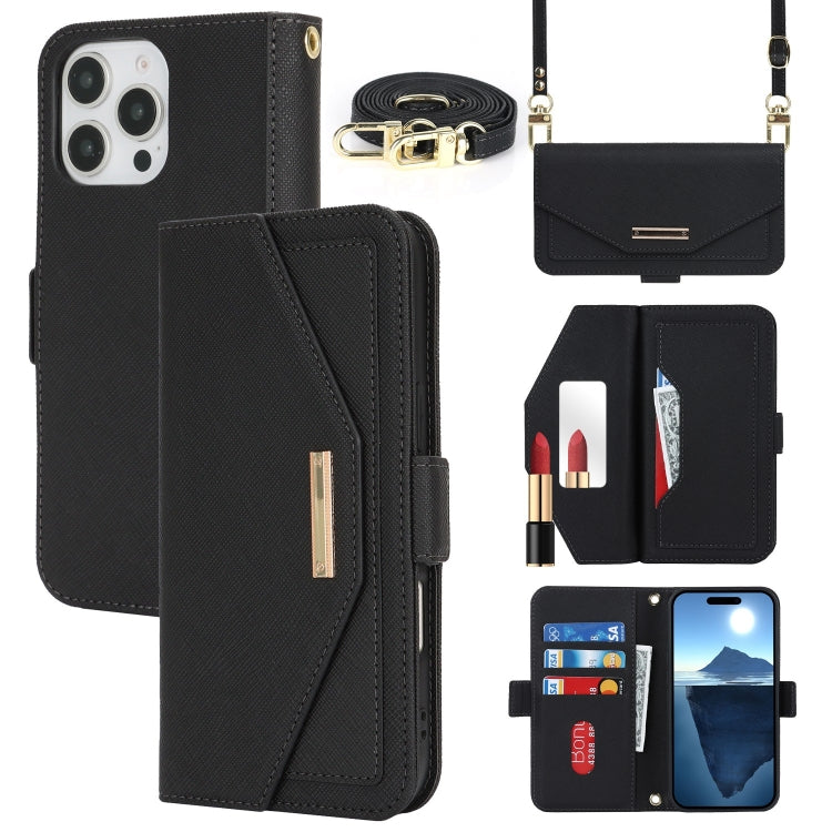 For iPhone 16 Pro Cross Texture Crossbody Lanyard Leather Phone Case(Black) - iPhone 16 Pro Cases by buy2fix | Online Shopping UK | buy2fix