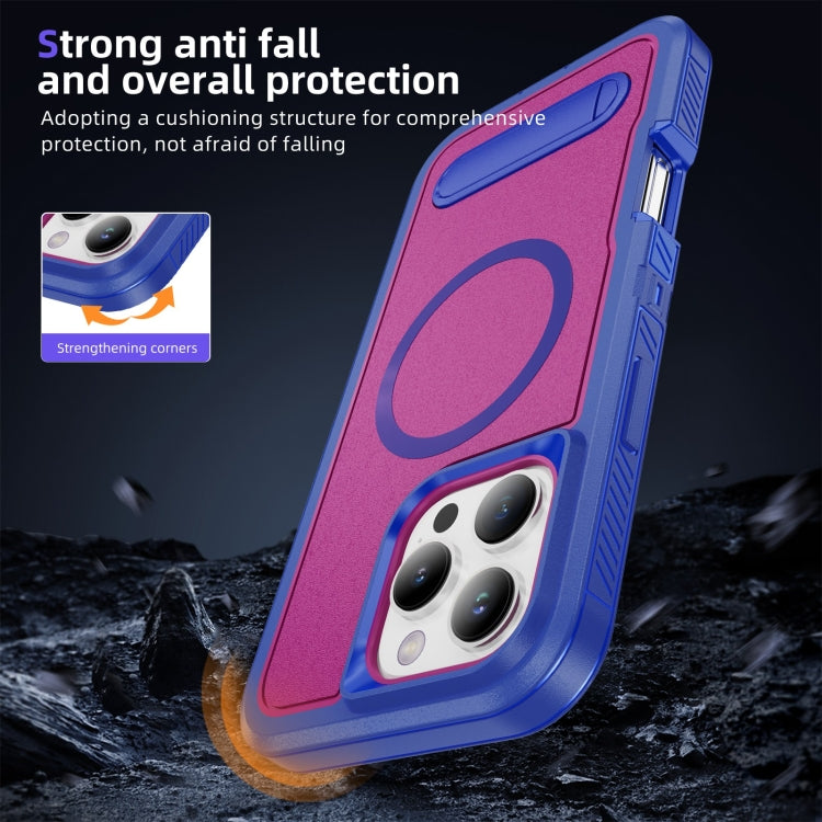 For iPhone 16 Pro Guard MagSafe Holder Matte PC Hybrid TPU Phone Case(Blue Rose Red) - iPhone 16 Pro Cases by buy2fix | Online Shopping UK | buy2fix