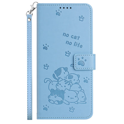 For iPhone 16 Embossed Kitten Phone Leather Case with Lanyard(Blue) - iPhone 16 Cases by buy2fix | Online Shopping UK | buy2fix