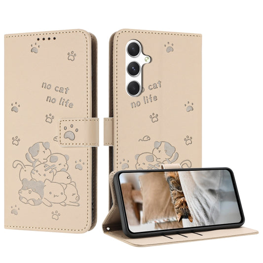 For Samsung Galaxy S25 / S24 5G Embossed Kitten Phone Leather Case with Lanyard(Beige) - Galaxy S24 5G Cases by buy2fix | Online Shopping UK | buy2fix