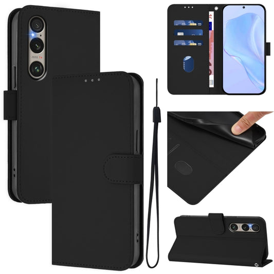 For Sony Xperia 1 VI 2024 Skin Feel Solid Color Leather Phone Case with Lanyard(Black) - Sony Cases by buy2fix | Online Shopping UK | buy2fix