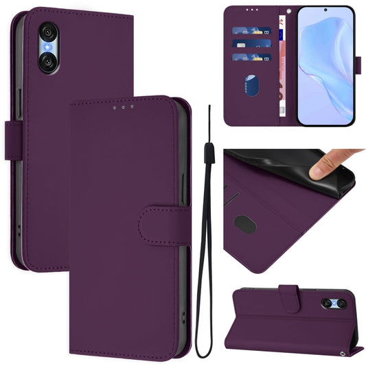 For Sony Xperia 10 VI 2024 Skin Feel Solid Color Leather Phone Case with Lanyard(Violet) - Sony Cases by buy2fix | Online Shopping UK | buy2fix