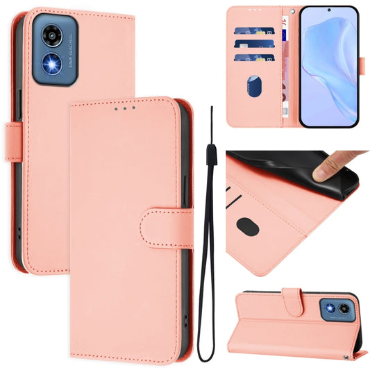 For Motorola Moto G Play 5G 2024 Global Skin Feel Solid Color Leather Phone Case with Lanyard(Pink) - Motorola Cases by buy2fix | Online Shopping UK | buy2fix