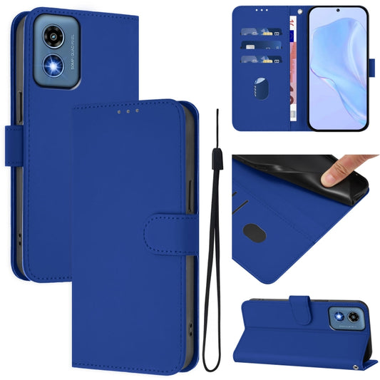 For Motorola Moto G Play 5G 2024 Global Skin Feel Solid Color Leather Phone Case with Lanyard(Dark Blue) - Motorola Cases by buy2fix | Online Shopping UK | buy2fix