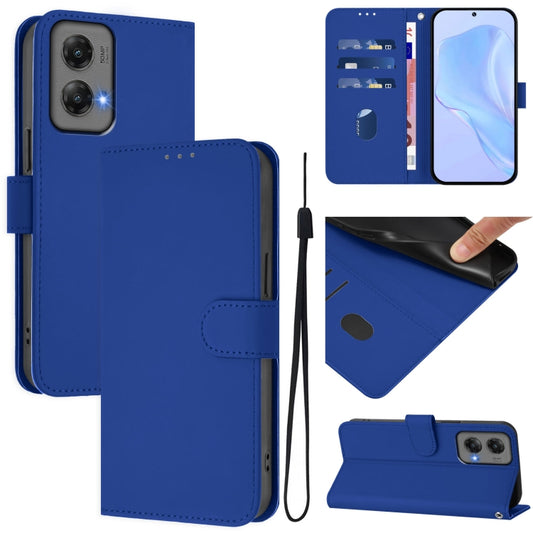 For Motorola Moto G Stylus 5G 2024 Skin Feel Solid Color Leather Phone Case with Lanyard(Dark Blue) - Motorola Cases by buy2fix | Online Shopping UK | buy2fix