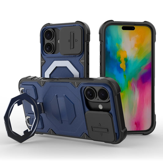 For iPhone 16 Plus Camera Shield Armor MagSafe Holder Phone Case with Strap(Sapphire Blue) - iPhone 16 Plus Cases by buy2fix | Online Shopping UK | buy2fix