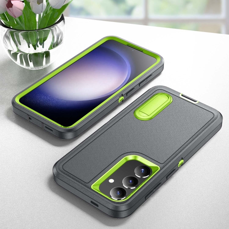 For Samsung Galaxy S24 / S25 5G Rugged PC Hybrid Silicone Phone Case with Holder(Grey+Fresh Green) - Galaxy S25 5G Cases by buy2fix | Online Shopping UK | buy2fix