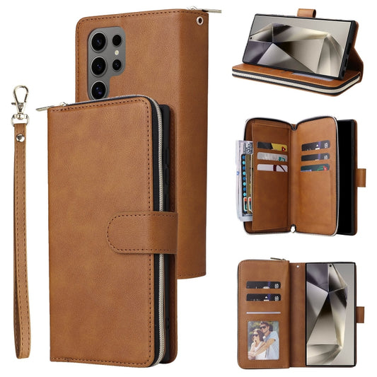 For Samsung Galaxy S25 Ultra 5G 9-Card Slots Zipper Wallet Bag Leather Phone Case(Brown) - Galaxy S25 Ultra 5G Cases by buy2fix | Online Shopping UK | buy2fix