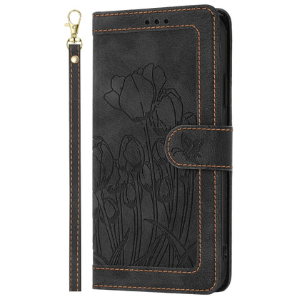 For Samsung Galaxy S25+ 5G Tulips Embossed Leather Phone Case with Lanyard(Black) - Galaxy S25+ 5G Cases by buy2fix | Online Shopping UK | buy2fix