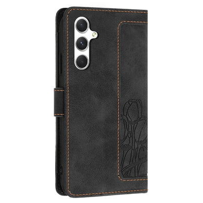 For Samsung Galaxy S25+ 5G Tulips Embossed Leather Phone Case with Lanyard(Black) - Galaxy S25+ 5G Cases by buy2fix | Online Shopping UK | buy2fix