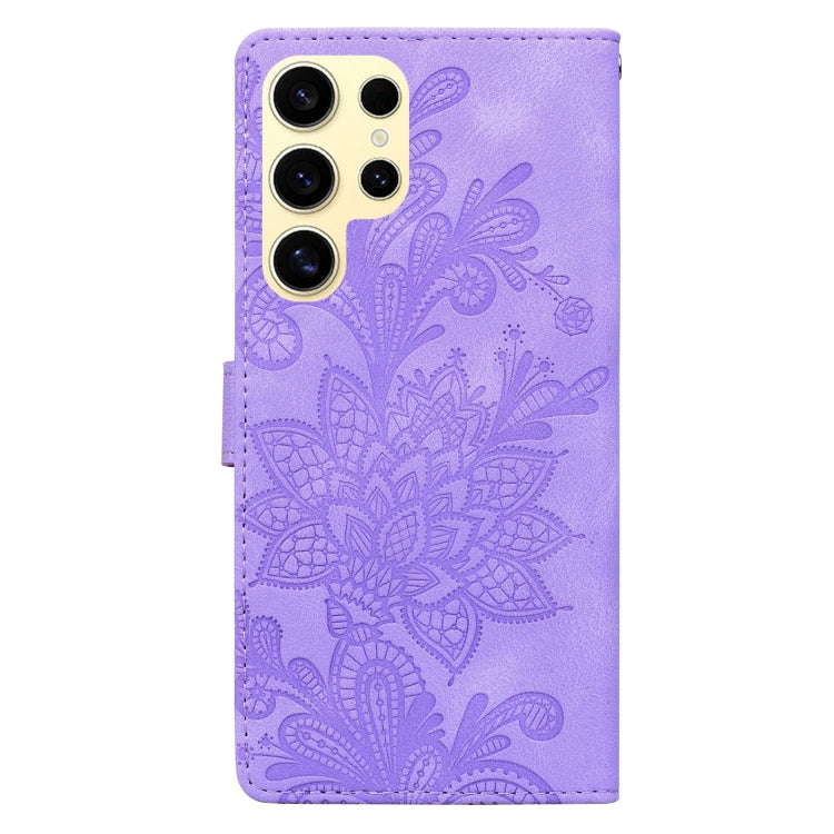 For Samsung Galaxy S25 Ultra 5G Lace Floral Embossed Magnetic Buckle PU Phone Case With Wrist Strap(Purple) - Galaxy S25 Ultra 5G Cases by buy2fix | Online Shopping UK | buy2fix