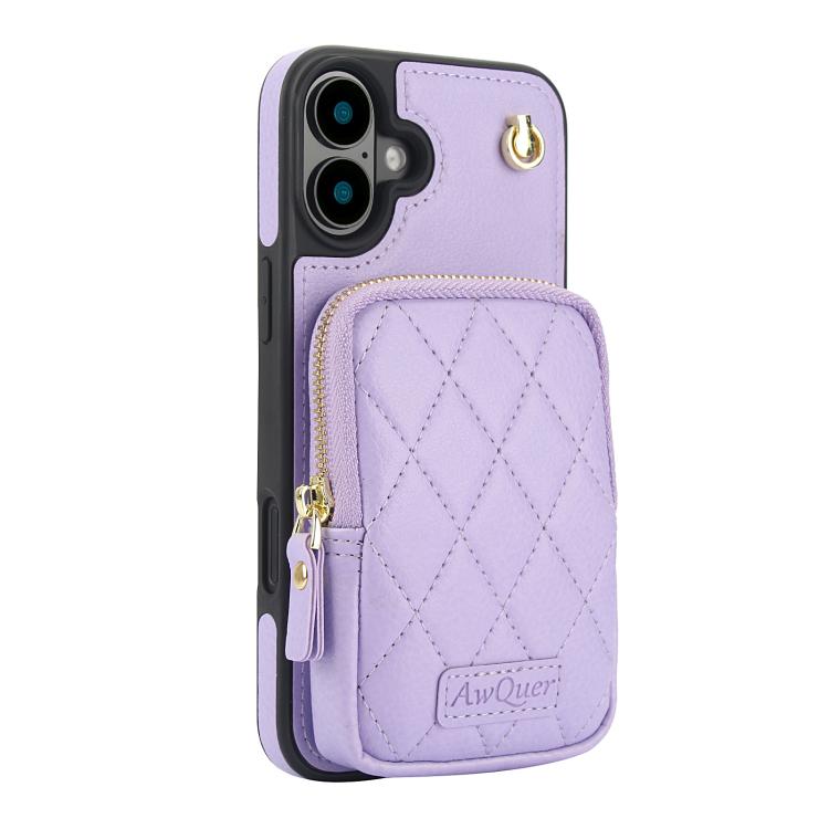 For iPhone 16 Plus AwQuer Crossbody Zipper Wallet Bag Litchi Leather Phone Case(Light Purple) - iPhone 16 Plus Cases by Awquer | Online Shopping UK | buy2fix