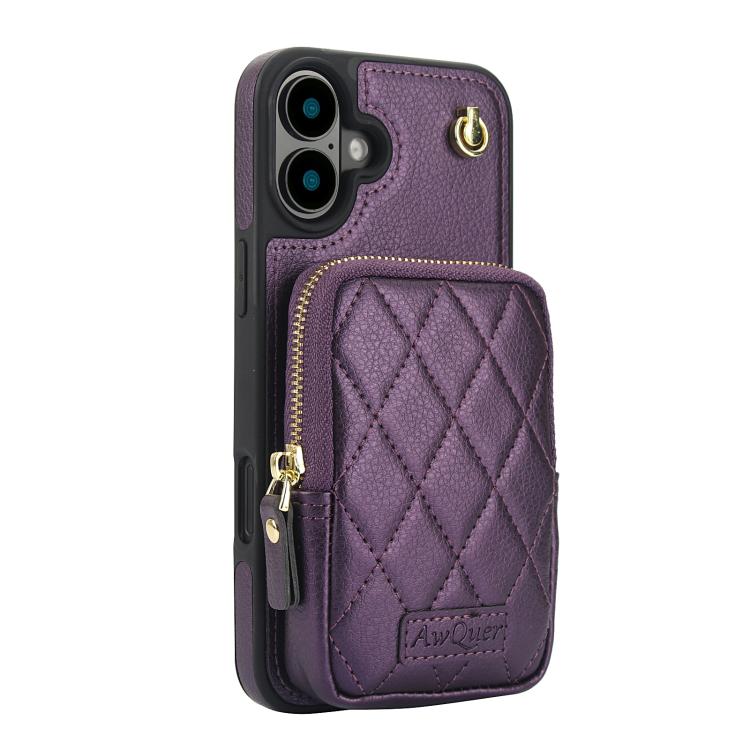 For iPhone 16 Plus AwQuer Crossbody Zipper Wallet Bag Litchi Leather Phone Case(Dark Purple) - iPhone 16 Plus Cases by Awquer | Online Shopping UK | buy2fix