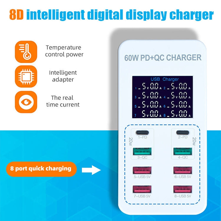 A8T 60W 8 Ports USB + QC3.0 + PD Type-C Smart Charging Station with Digital Display AC100-240V, US Plug - Multifunction Charger by buy2fix | Online Shopping UK | buy2fix