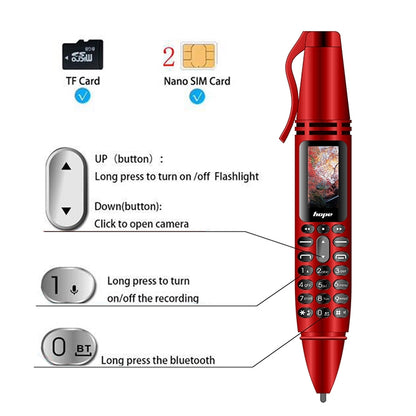 AK007 Mobile Phone, Multifunctional Remote Noise Reduction Back-clip Recording Pen with 0.96 inch Color Screen, Dual SIM Dual Standby, Support Bluetooth, GSM, LED Light, Handwriting (Red) - Others by buy2fix | Online Shopping UK | buy2fix