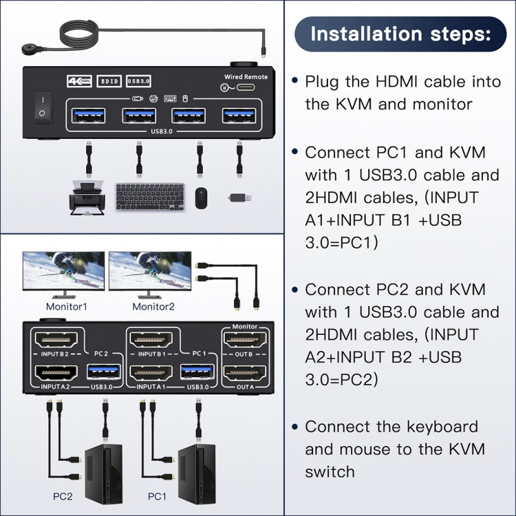 KC-KVM202AS 4K 60HZ USB3.0 HDMI Dual Display KVM Switcher Support EDID Analog Lock Screen - Switch by buy2fix | Online Shopping UK | buy2fix
