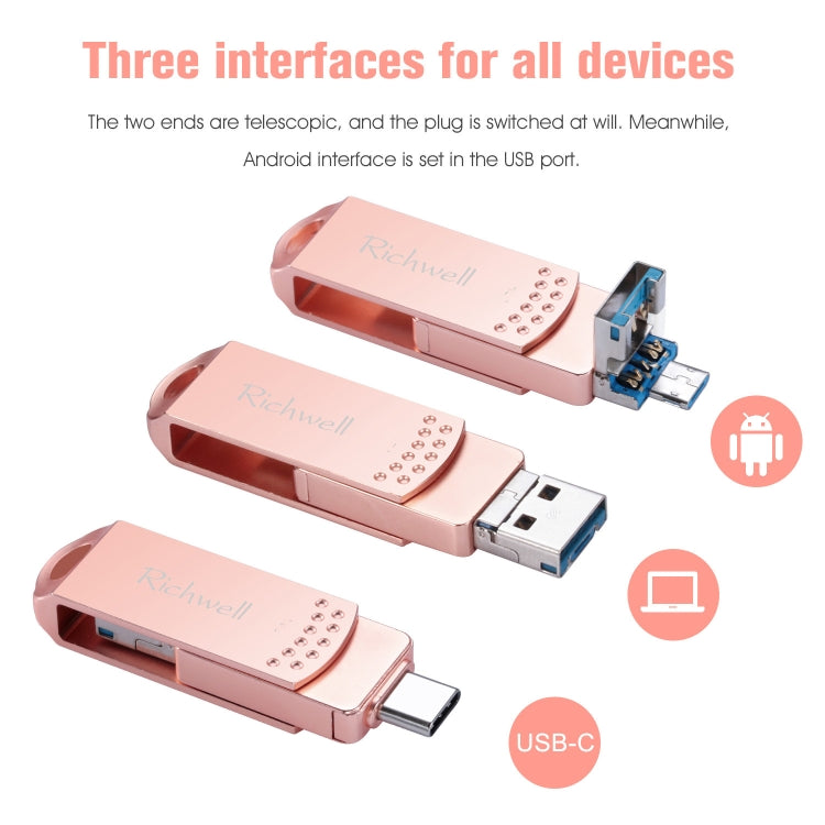 Richwell 3 in 1 64G Type-C + Micro USB + USB 3.0 Metal Flash Disk with OTG Function(Rose Gold) - U Disk & Card Reader by Richwell | Online Shopping UK | buy2fix