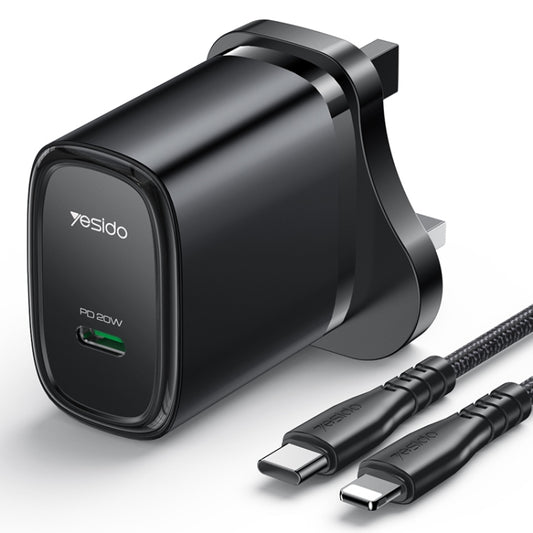 Yesido YC76BL PD 20W USB-C / Type-C Port Quick Charger with Type-C to 8 Pin Cable, UK Plug (Black) - USB Charger by Yesido | Online Shopping UK | buy2fix