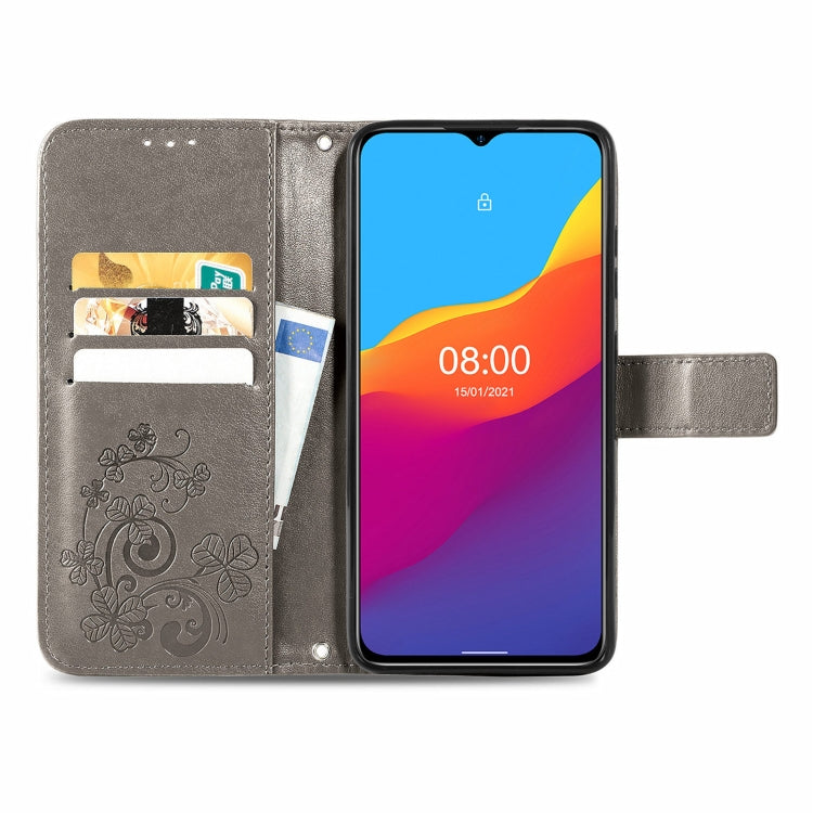 For Ulefone Note 10 Four-leaf Clasp Embossed Buckle Mobile Phone Protection Leather Case with Lanyard & Card Slot & Wallet & Bracket Function(Gray) - Ulefone Cases by buy2fix | Online Shopping UK | buy2fix