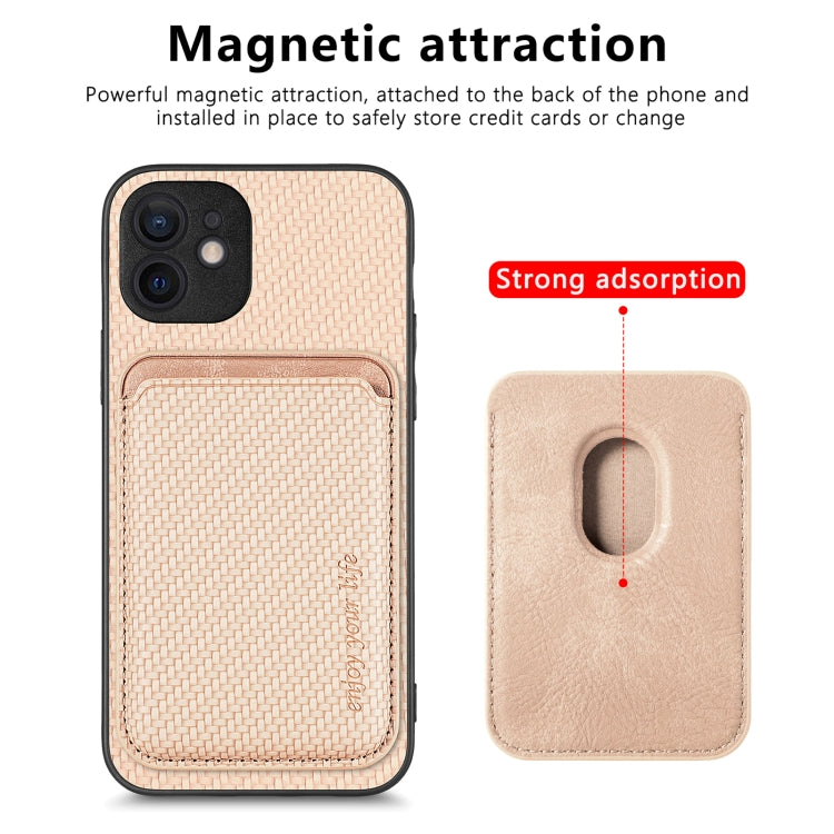 For iPhone 12 Carbon Fiber Leather Card Magsafe Magnetic Phone Case(Khaki) - iPhone 12 / 12 Pro Cases by buy2fix | Online Shopping UK | buy2fix