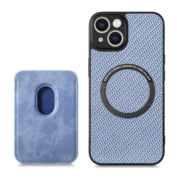 For iPhone 14 Plus Carbon Fiber Leather Card Magsafe Magnetic Phone Case(Blue) - iPhone 14 Plus Cases by buy2fix | Online Shopping UK | buy2fix