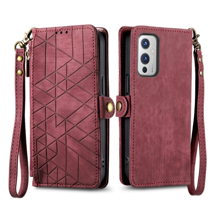 For OnePlus 11 Geometric Zipper Wallet Side Buckle Leather Phone Case(Red) - OnePlus Cases by buy2fix | Online Shopping UK | buy2fix