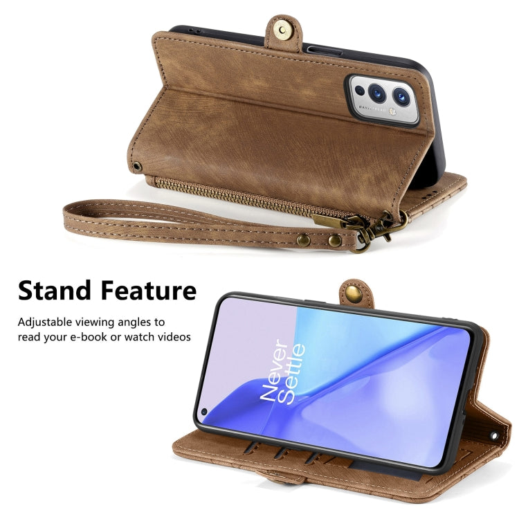 For OnePlus 11 Geometric Zipper Wallet Side Buckle Leather Phone Case(Brown) - OnePlus Cases by buy2fix | Online Shopping UK | buy2fix