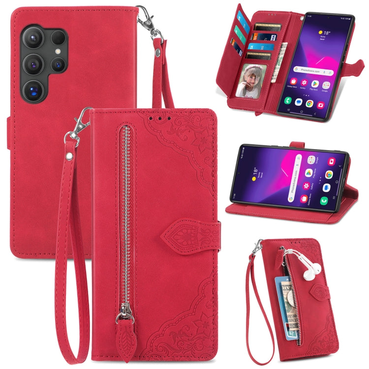 For Samsung Galaxy S24 Ultra 5G Embossed Flower Zipper Leather Phone Case(Red) - Galaxy S24 Ultra 5G Cases by buy2fix | Online Shopping UK | buy2fix