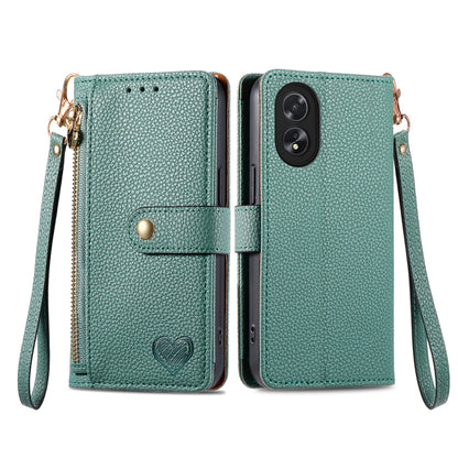 For OPPO A38 Love Zipper Lanyard Leather Phone Case(Green) - A38 Cases by buy2fix | Online Shopping UK | buy2fix