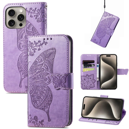 For iPhone 16 Pro Max Butterfly Love Flower Embossed Leather Phone Case(Lavender) - iPhone 16 Pro Max Cases by buy2fix | Online Shopping UK | buy2fix