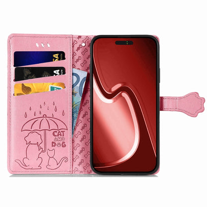 For iPhone 16 Pro Cat and Dog Embossed Leather Phone Case(Pink) - iPhone 16 Pro Cases by buy2fix | Online Shopping UK | buy2fix