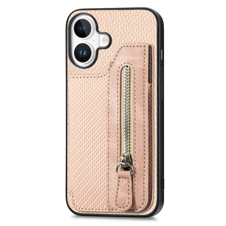 For iPhone 16 Plus Carbon Fiber Horizontal Flip Zipper Wallet Phone Case(Khaki) - iPhone 16 Plus Cases by buy2fix | Online Shopping UK | buy2fix